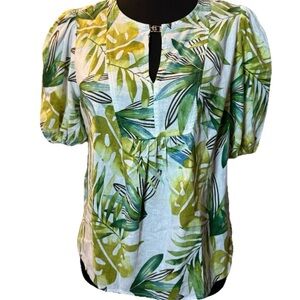 Sigrid Olsen Women's Green & White Linen Blouse, Keyhole Front, Size Small